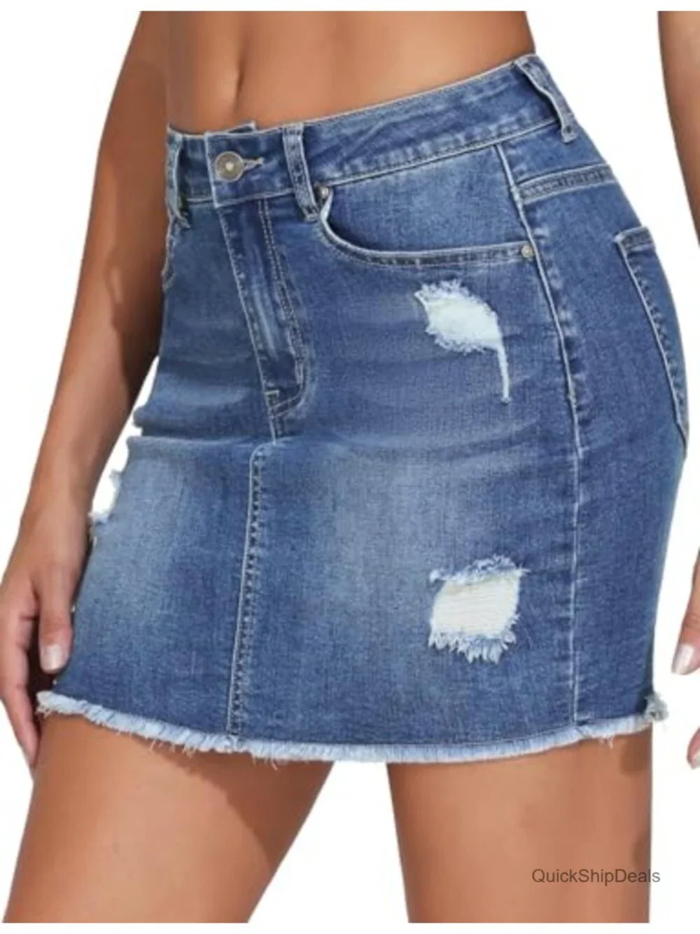 Women's Ripped Denim Mini Skirt High Rise Stretch Bodycon Raw Hem
